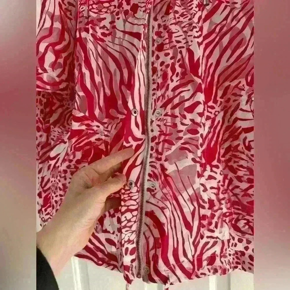 Chico's Sheer Structured Bomber, Mesh Tiger Print Pink/White Zip Snap Front Sz 3 - Picture 5 of 10